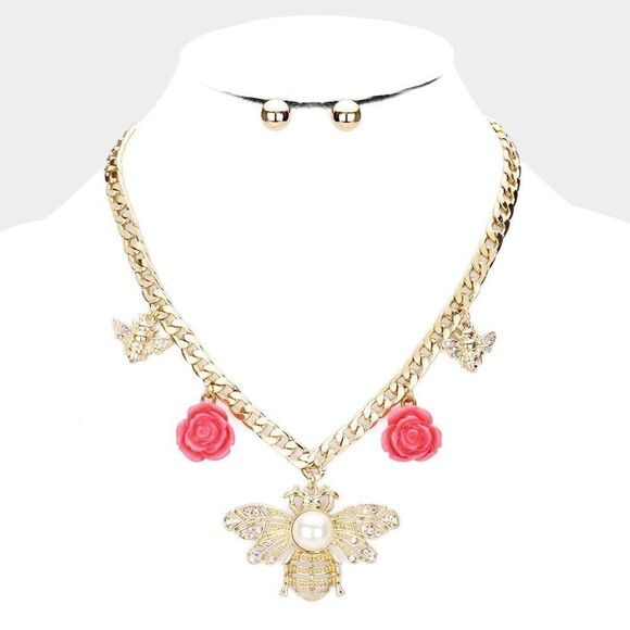 Pearl Center Honey Bee Flower Pendant Necklace Set - Picture 1 of 8